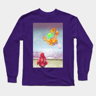 The Seashore child with jellyfish balloons and a lavender ocean Long Sleeve T-Shirt